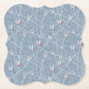 Dessous-de-verre En Papier Papillons en relief aquarelle sur lin bleu denim