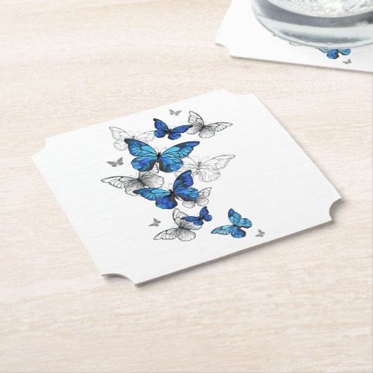 Dessous-de-verre En Papier Papillons volants bleus Morpho (Incliné)