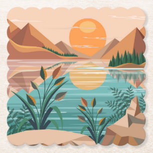 Dessous-de-verre En Papier Paysage de coucher de soleil au lac de montagne pa