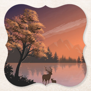 Dessous-de-verre En Papier Paysage du lever du soleil avec lac et Deers-51207