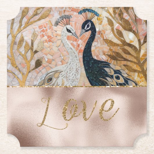 Dessous-de-verre En Papier Peacocks Gold Parties scintillant Love Rose Mariag (Devant)