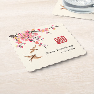 Dessous-de-verre En Papier Peinture à l'encre chinoise florale oiseaux mariag