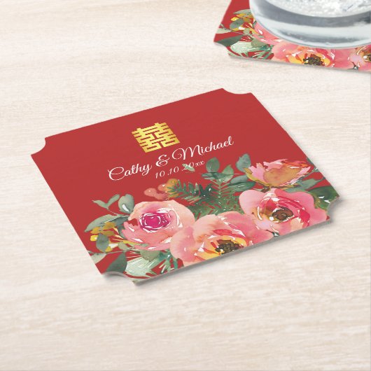 Dessous-de-verre En Papier Peony floral double bonheur chinois mariage rouge (Incliné)