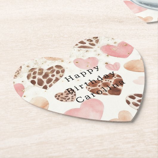 Dessous-de-verre En Papier Pink Cream Animal Hearts Gold Sparkle Birthday (Incliné)