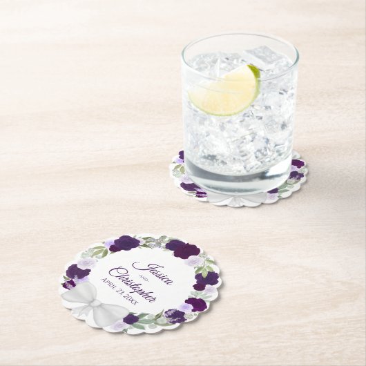 Dessous-de-verre En Papier Plum violet & Lavande couronne de Mariage Rose (En situation)