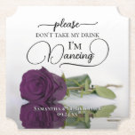 Dessous-de-verre En Papier Plum violet Rose Glam Ne prenez pas mon Mariage de<br><div class="desc">Ce dessous de verre mariage est élégant, élégant et amusant ! Il présente une photo d'un seul rose à long tige de prune pourpre ou d'aubergine couché sur son côté, miroir dans un bassin d'eau. Le texte dit : "S'il vous plaît ne prenez pas mon verre, je danse" écrit dans...</div>