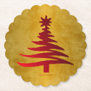 Dessous-de-verre En Papier Pochoir d'arbre de Noël rouge sur or