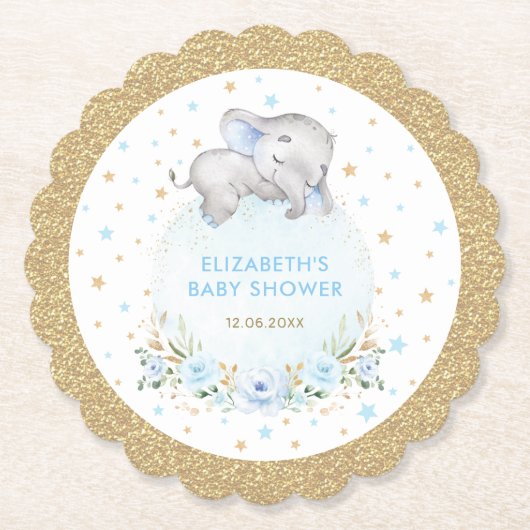 Dessous-de-verre En Papier Poudre molle Bleu Or étoiles Eléphant Baby shower (Devant)