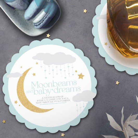 Dessous-de-verre En Papier Poutres de lune et rêves de bébé baby shower bleu