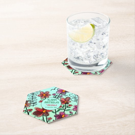 DESSOUS-DE-VERRE EN PAPIER PRINTEMPS UNIQUE ROUGE DOODLE FLEURS ANNIVERSAIRE (En situation)