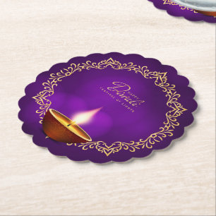 Dessous-de-verre En Papier Rapprocher le joyeux Diwali violet cramponné rond