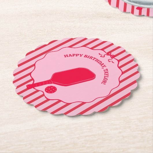 Dessous-de-verre En Papier Red and Pink Striped Pickleball Birthday Party (Incliné)