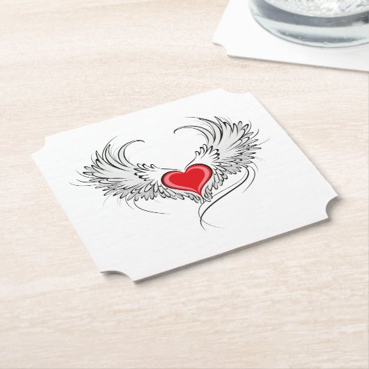 Dessous-de-verre En Papier Red Angel Coeur avec ailes (Incliné)