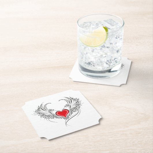 Dessous-de-verre En Papier Red Angel Coeur avec ailes (En situation)