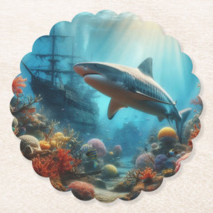 Dessous-de-verre En Papier Requin tigre côtier/nautique et récif corallien