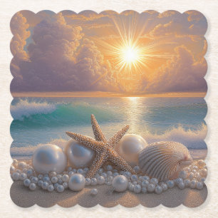 Dessous-de-verre En Papier Rivage Océan Coucher de soleil Coquillages Perles