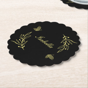 Dessous-de-verre En Papier Romantique élégant or floral noir mariage