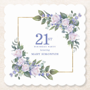 Dessous-de-verre En Papier Rose Blanche Fleur Bleue Fête Personnalisée 21e An
