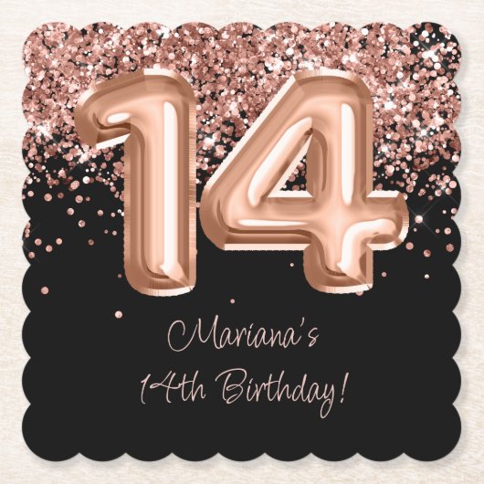 Dessous-de-verre En Papier Rose Gold Black 14e fête d'anniversaire (Devant)