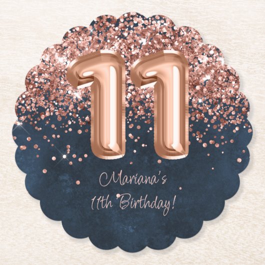 Dessous-de-verre En Papier Rose Gold Navy Blue 11e fête d'anniversaire (Devant)