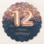 Dessous-de-verre En Papier Rose Gold Navy Blue 12e fête d'anniversaire (Devant)
