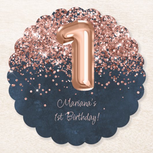 Dessous-de-verre En Papier Rose Gold Navy Blue 1er anniversaire fête (Devant)