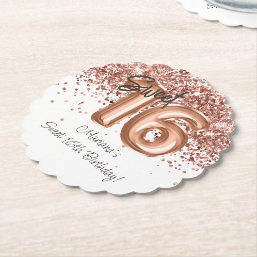 Dessous-de-verre En Papier Rose Gold Sweet 16e fête d'anniversaire (Incliné)