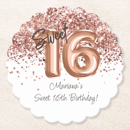 Dessous-de-verre En Papier Rose Gold Sweet 16e fête d'anniversaire (Devant)
