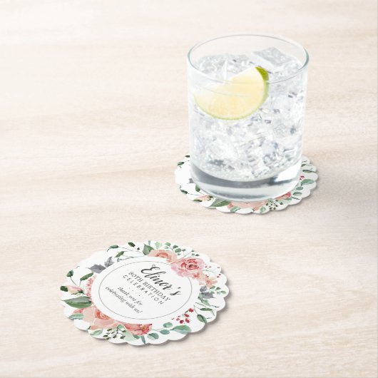 Dessous-de-verre En Papier Rose rose florale 80e anniversaire Merci (En situation)