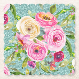 Dessous-de-verre En Papier Roses aquarelles en rose et crème avec paillettes