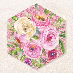 Dessous-de-verre En Papier Roses aquarelles en rose et crème avec paillettes