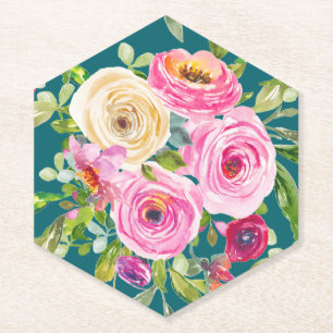 Dessous-de-verre En Papier Roses aquarelles roses et crème sur fond sarcelle