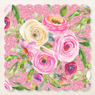 Dessous-de-verre En Papier Roses d'aquarelle en Parties scintillant rose et c