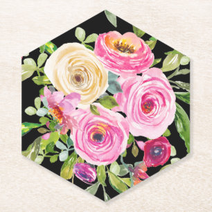 Dessous-de-verre En Papier Roses d'aquarelle en rose et crème sur noir