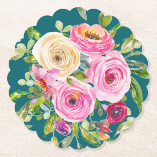 Dessous-de-verre En Papier Roses d'aquarelle en rose et crème sur Turquoise