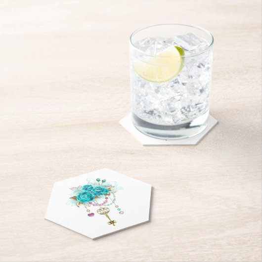 Dessous-de-verre En Papier Roses turquoise avec touches (En situation)