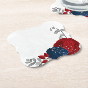 Dessous-de-verre En Papier rouge foncé & bleu marine fleurs argent