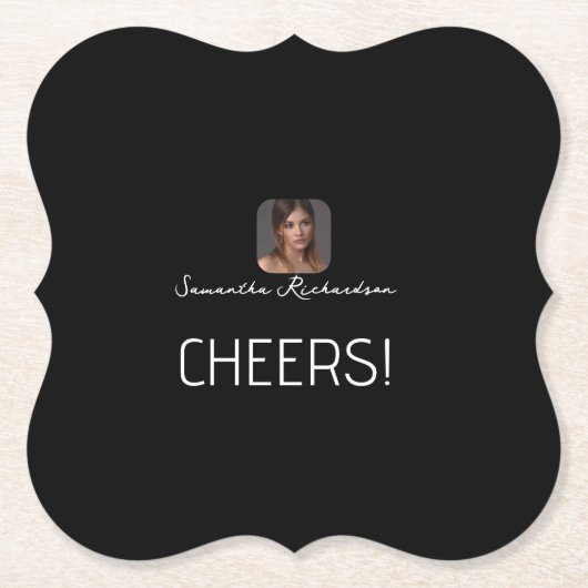 Dessous-de-verre En Papier Script de nom de photo personnalisé en noir blanc (Devant)