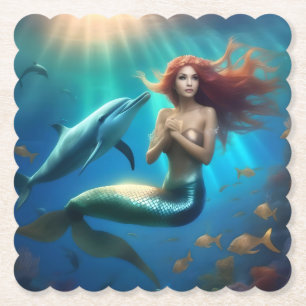 Dessous-de-verre En Papier Sirène Angélique Nageant Avec Dauphins,