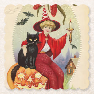Dessous-de-verre En Papier Sorcière d'Halloween vintage et chat noir
