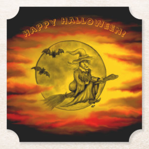 Dessous-de-verre En Papier Sorcière volante avec chat noir, nuit halloween