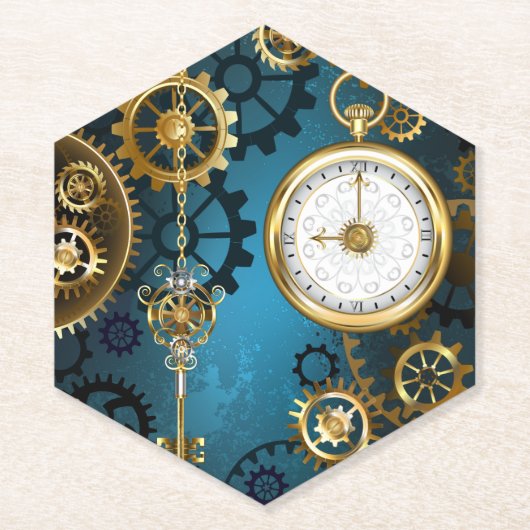 Dessous-de-verre En Papier Steampunk Arrière - plan turquoise avec Gears (Devant)