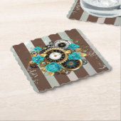 Dessous-de-verre En Papier Steampunk Clock and Turquoise Roses on Striped (Incliné)
