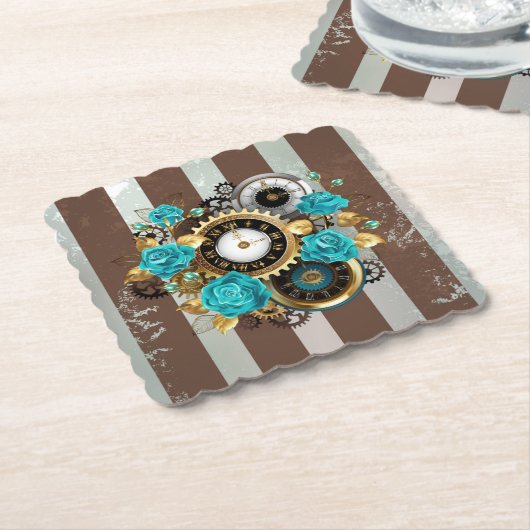 Dessous-de-verre En Papier Steampunk Clock and Turquoise Roses on Striped (Incliné)