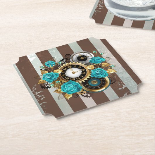 Dessous-de-verre En Papier Steampunk Clock and Turquoise Roses on Striped (Incliné)