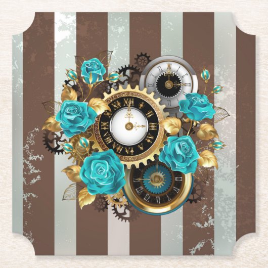 Dessous-de-verre En Papier Steampunk Clock and Turquoise Roses on Striped (Devant)