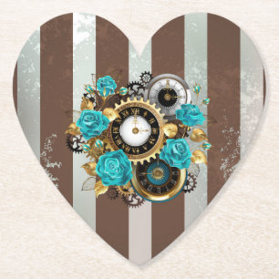 Dessous-de-verre En Papier Steampunk Clock and Turquoise Roses on Striped