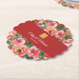 Dessous-de-verre En Papier Symbole de double bonheur sur fond de fleurs roses