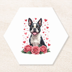 Dessous-de-verre En Papier T-shirt Boston Terrier avec Cœurs de Roses Rouges