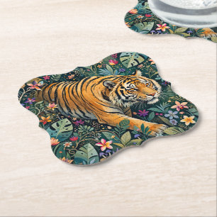 Dessous-de-verre En Papier Tigre aux Yeux Ambrés Feuillage de la Jungle Fanta
